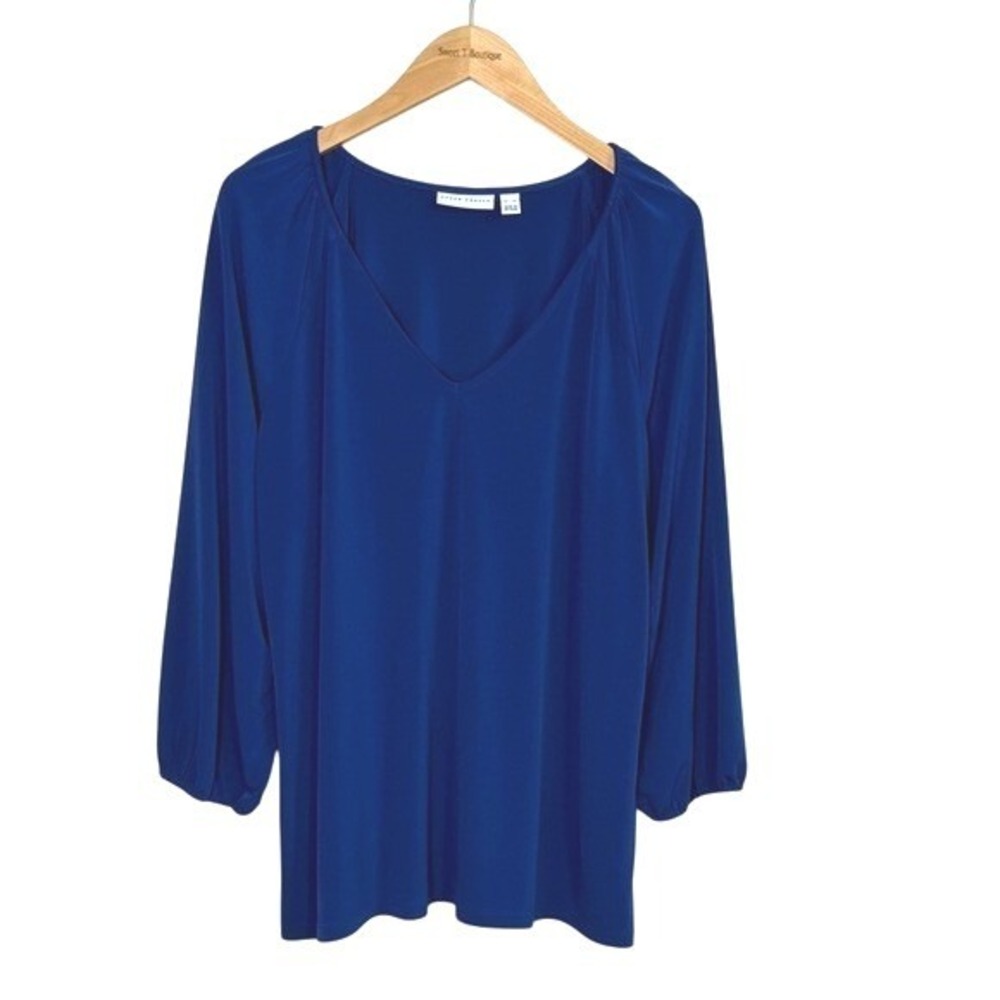 SUSAN GRAVER Liquid Knit XL Dark Blue Vneck Balloon Long Sleeve Tunic Top Office